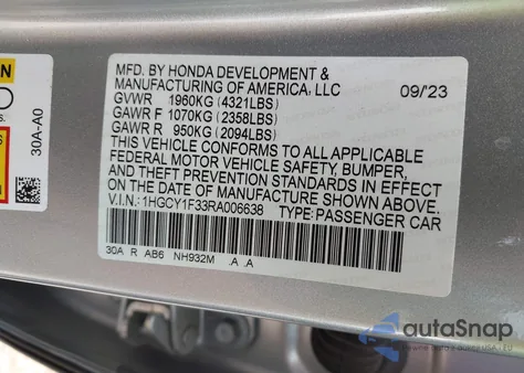 2024 Honda Accord Ex from USA, damaged, VIN 1HGCY1F33RA006638